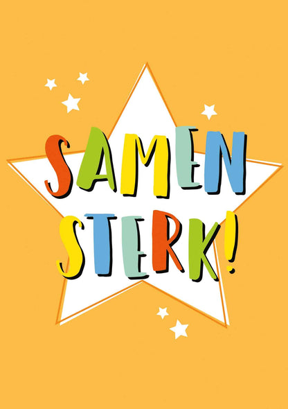 Op deze wenskaart staan witte sterren op een oranje achtergrond met de tekst: "Samen sterk!".
