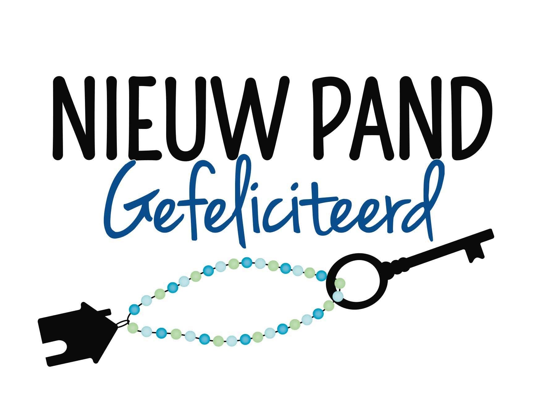Op deze wenskaart staat de teskt: "Nieuw pand gefeliciteerd" met daaronder een sleutel.