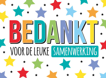 Op deze wenskaart staan sterren in de kleuren groen, rood, blauw, paars, geel en oranje. In het midden staat de tekst: "Bedankt voor de leuke samenwerking".