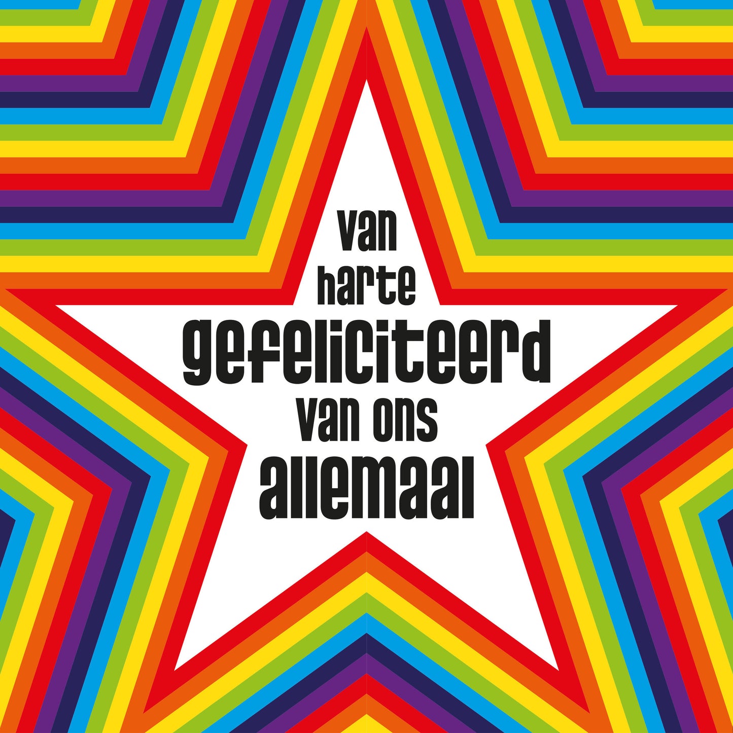 Op deze wenskaart staan sterren in regenboog kleuren met in het midden de tekst: "Van harte gefeliciteerd van ons allemaal".