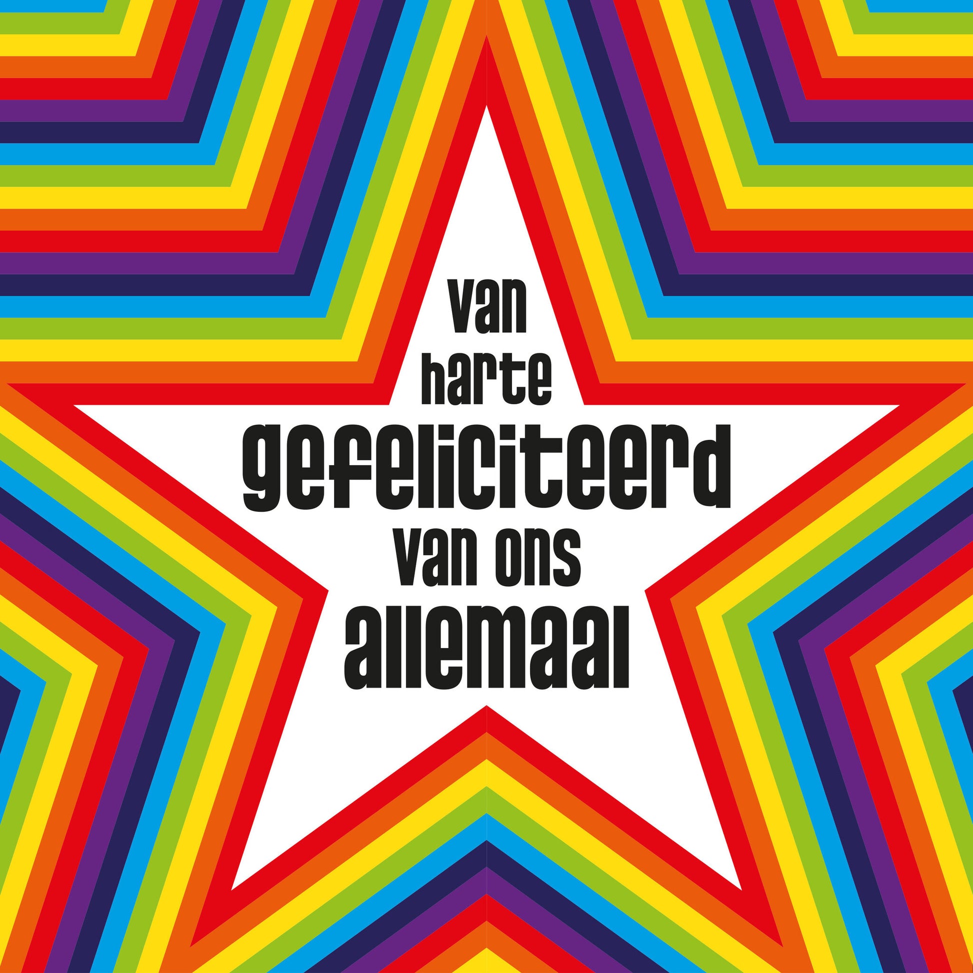 Op deze wenskaart staan sterren in regenboog kleuren met in het midden de tekst: "Van harte gefeliciteerd van ons allemaal".