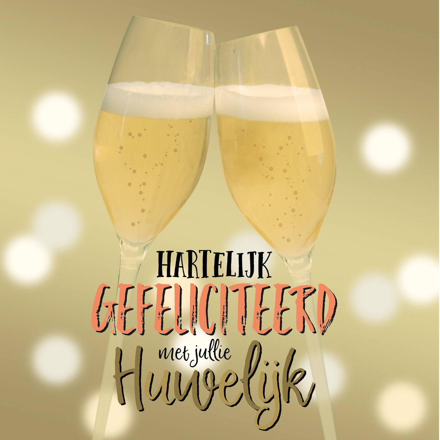 Op deze wenskaart staan twee champagneglazen met de tekst: "Hartelijk gefeliciteerd met jullie huwelijk".