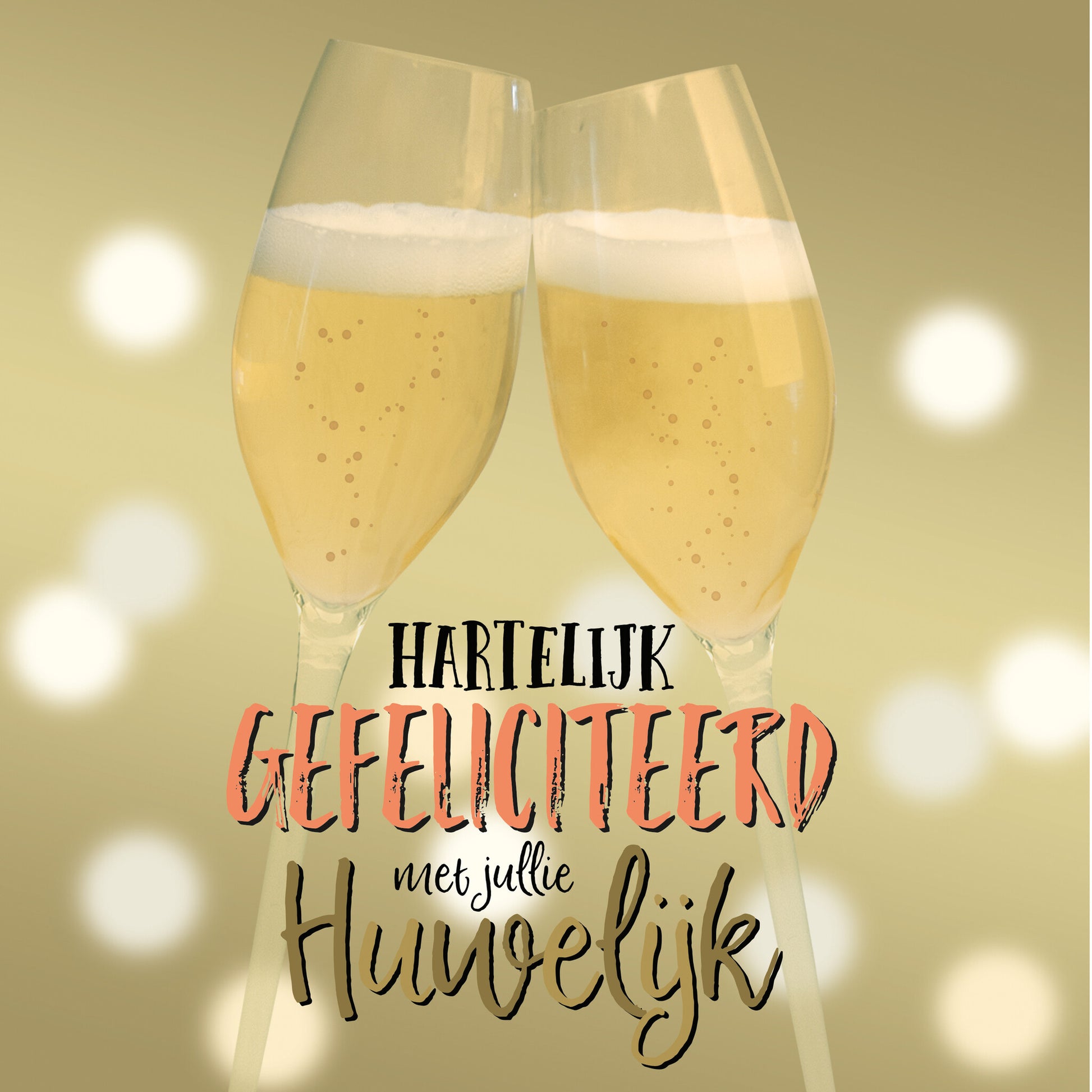 Op deze wenskaart staan twee champagneglazen met de tekst: "Hartelijk gefeliciteerd met jullie huwelijk".