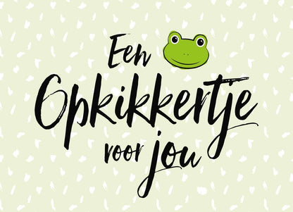 Op deze wenskaart staat de tekst: "Een opkikkertje voor jou" met een getekend kikkertje. 