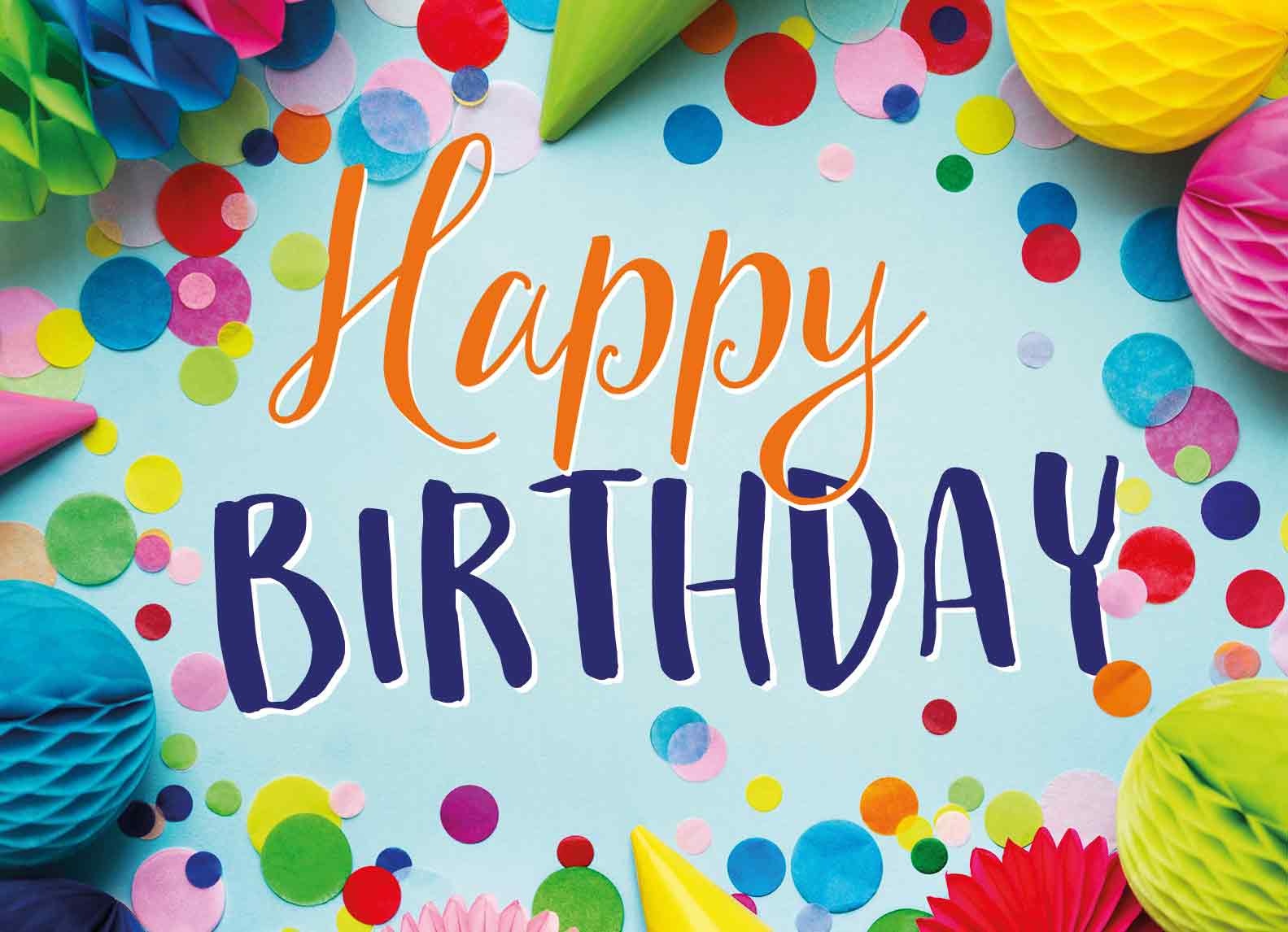 Op deze wenskaart staan confetti, feesthoedjes en slingers in diverse kleuren met in het midden de tekst: "Happy birthday".