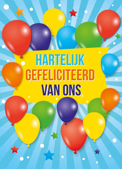 Op deze wenskaart staan ballonnen in de kleuren rood, oranje, geel, paars, groen en blauw, met in het midden de tekst: "Hartelijk gefeliciteerd van ons".
