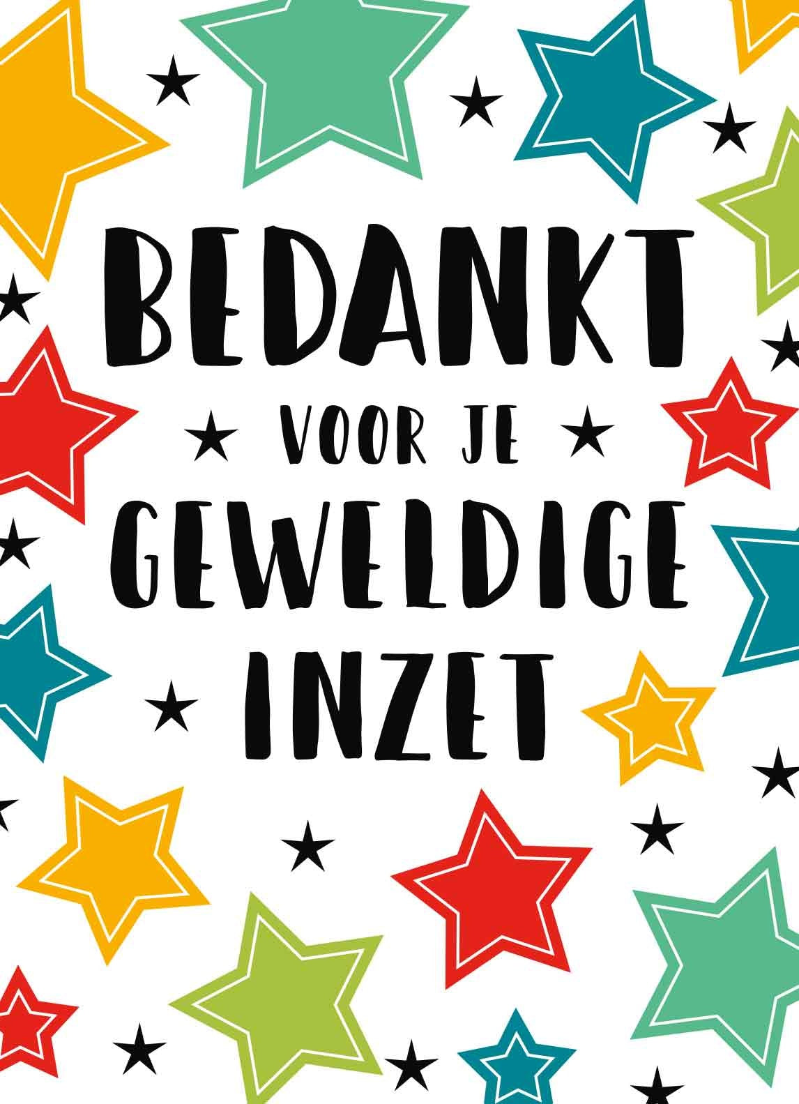 Op deze wenskaart staan sterren in de kleuren rood, geel, blauw, groen en zwart. In het midden staat de tekst: "Bedankt voor je geweldige inzet".