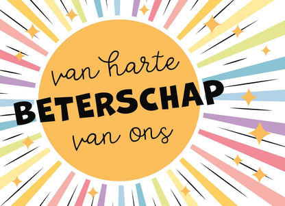 Op deze wenskaart staat een zon met regenboog zonnenstralen. In het midden staat de tekst: "Van harte beterschap van ons".