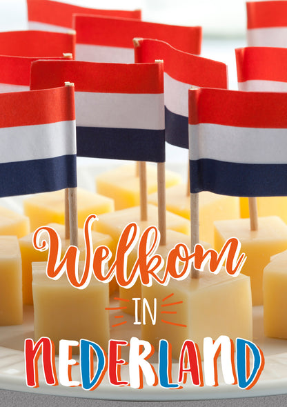 Op deze wenskaart staat een schaal met kaasblokjes met daarin Nederlandse vlaggetjes. In de illustratie staat de tekst: "Welkom in Nederland".