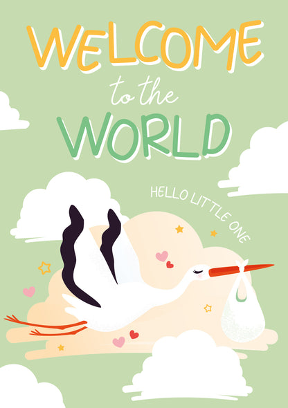 Op deze wenskaart staat een ooievaar die door de wolken heen vliegt met daarboven de tekst: "Welcome to the world. Hello little one".