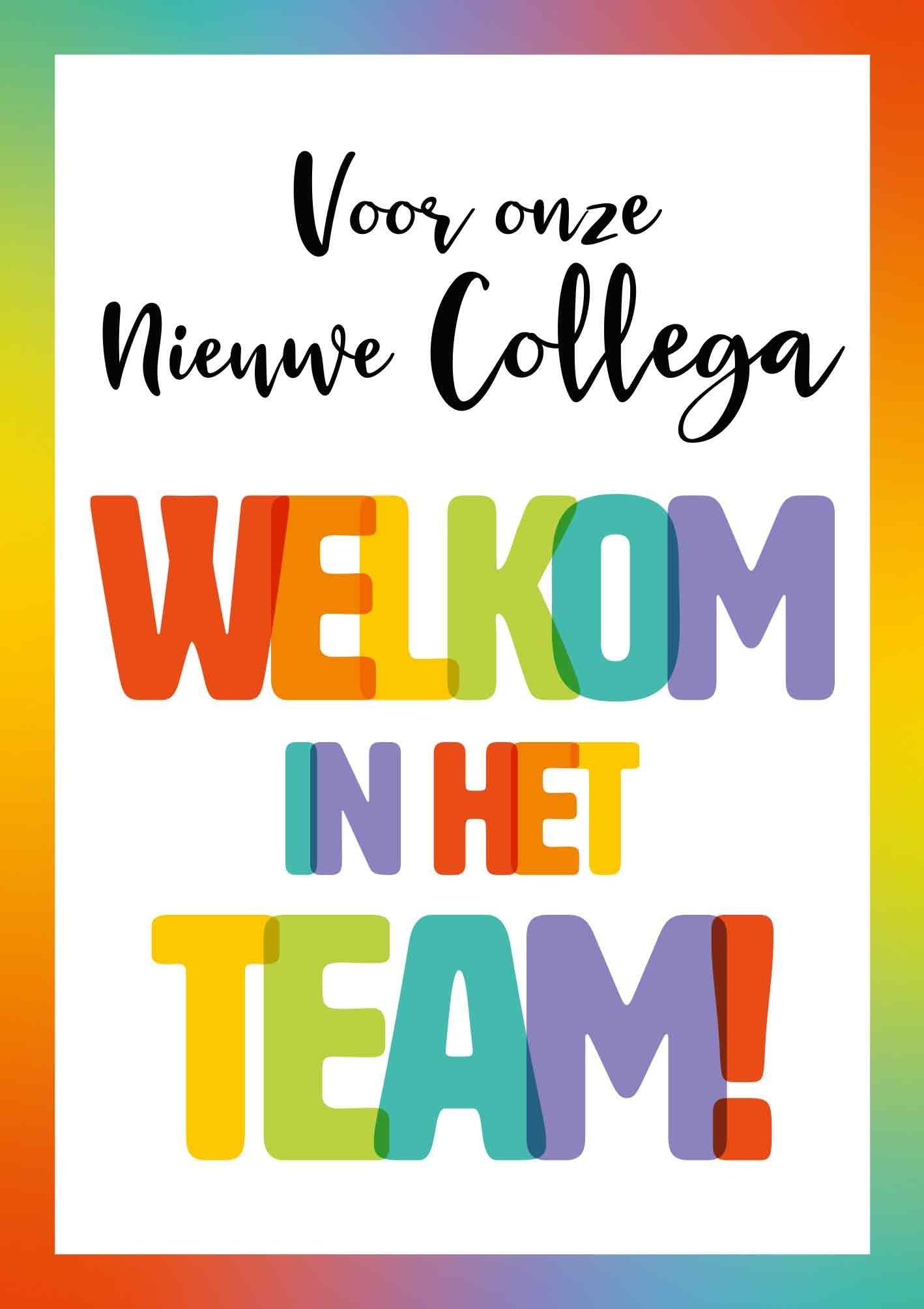 Op deze wenskaart staat de tekst: "Voor onze nieuwe collega welkom in het team!".