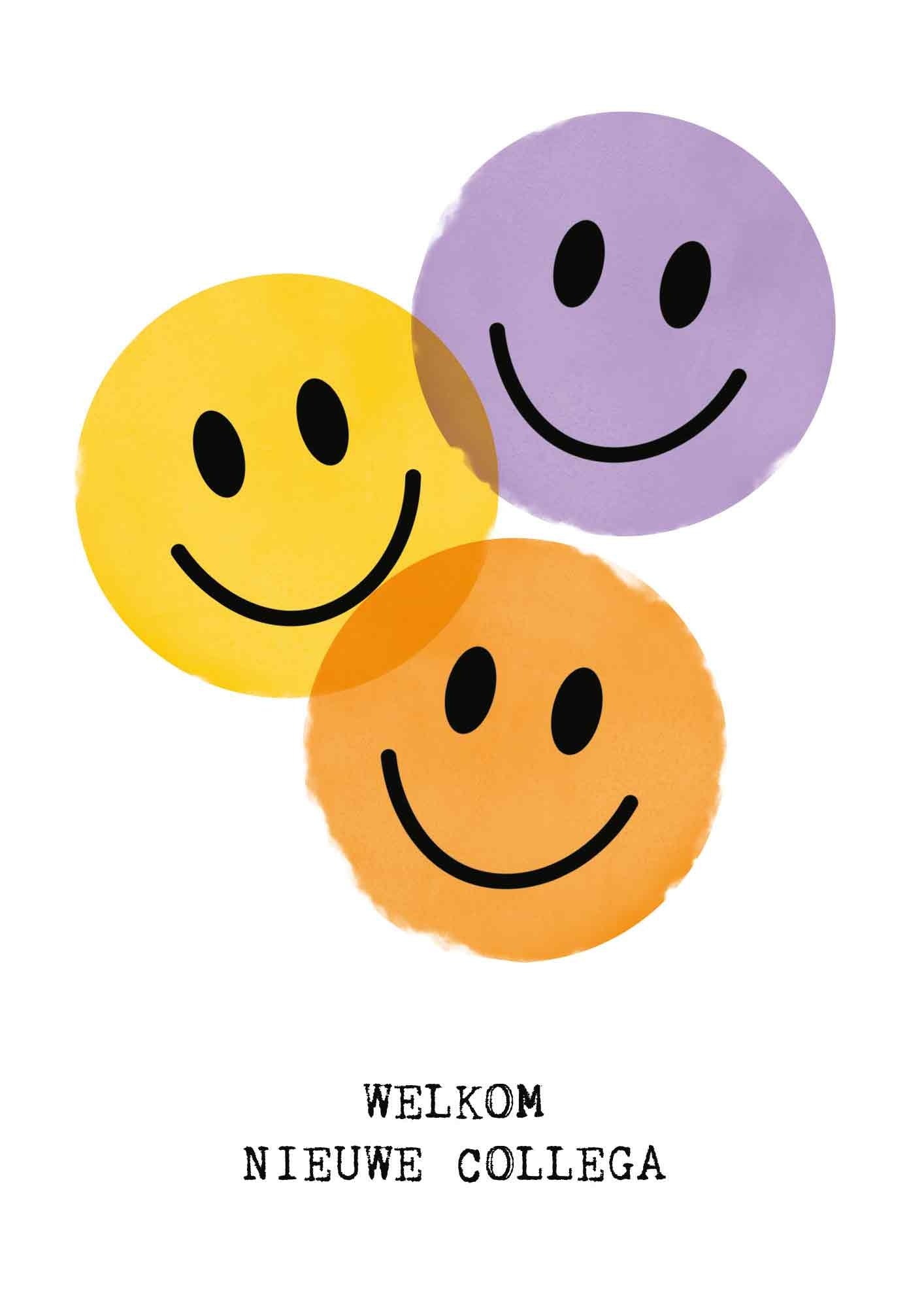 Op deze wenskaart staan smileys in de kleuren paars, geel en oranje met daaronder de tekst: "Welkom nieuwe collega".