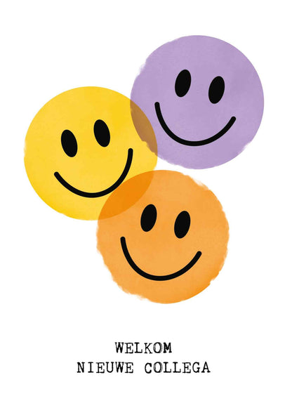 Op deze wenskaart staan smileys in de kleuren paars, geel en oranje met daaronder de tekst: "Welkom nieuwe collega".