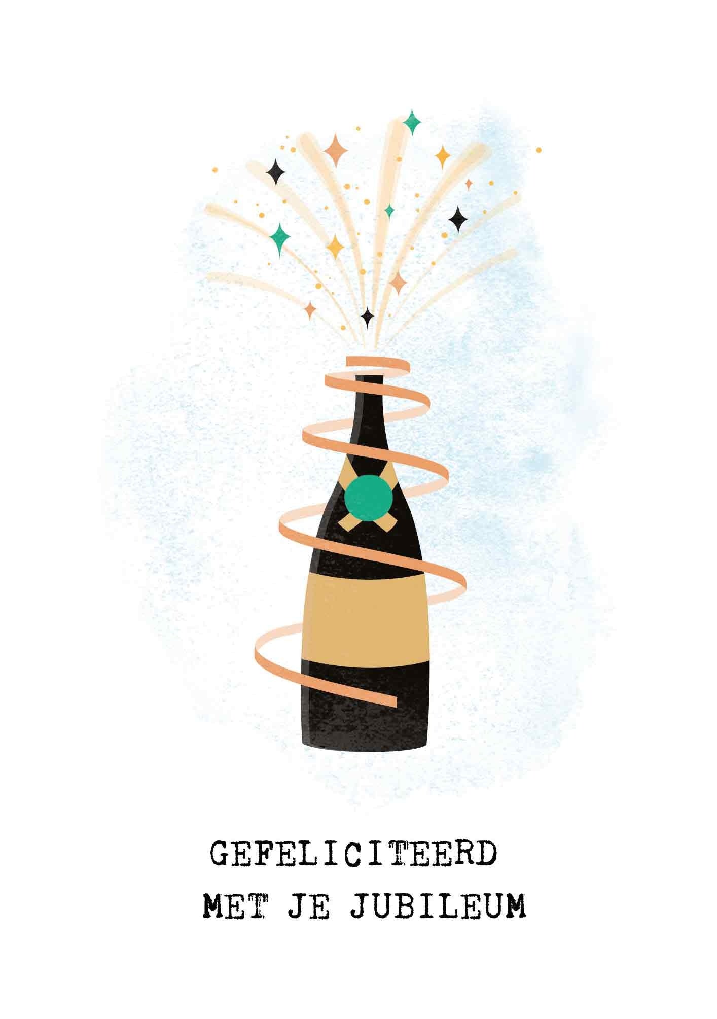 Op deze wenskaart staat een champagnefles die ontpopt met daaronder de tekst: "Gefeliciteerd met je jubileum".