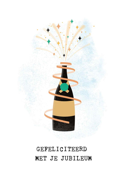 Op deze wenskaart staat een champagnefles die ontpopt met daaronder de tekst: "Gefeliciteerd met je jubileum".