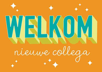 Op deze wenskaart staat de tekst: "Welkom nieuwe collega" op een oranje achtergrond. 