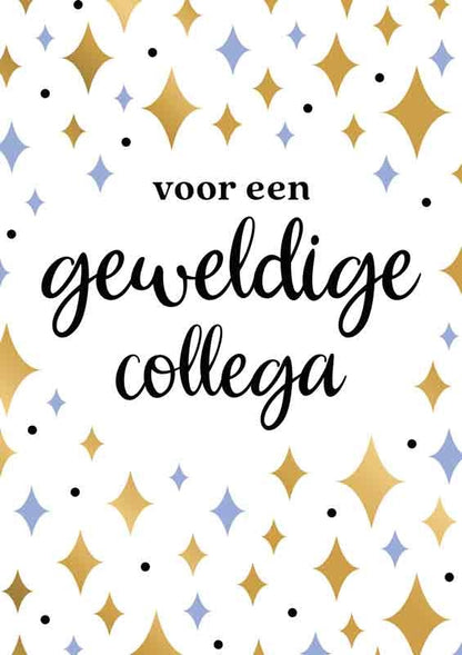 Op deze wenskaart staan sterren in de kleuren goud en paars met in het midden de tekst: "Voor een geweldige collega".