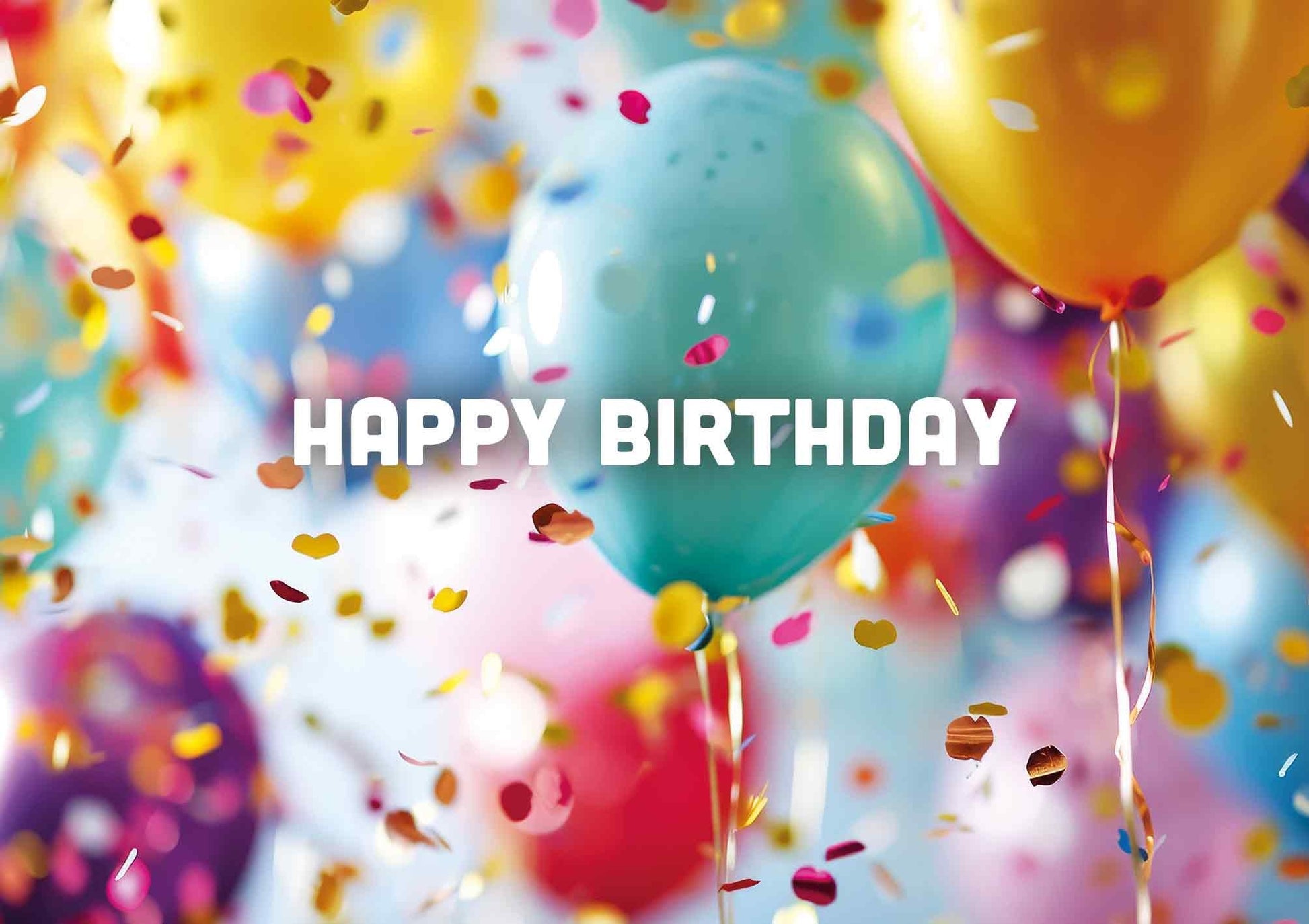 Op deze wenskaart staan ballonnen en confetti in de kleuren goud, groen, blauw, rood, roze en paars, met in het midden de tekst: "Happy birthday".