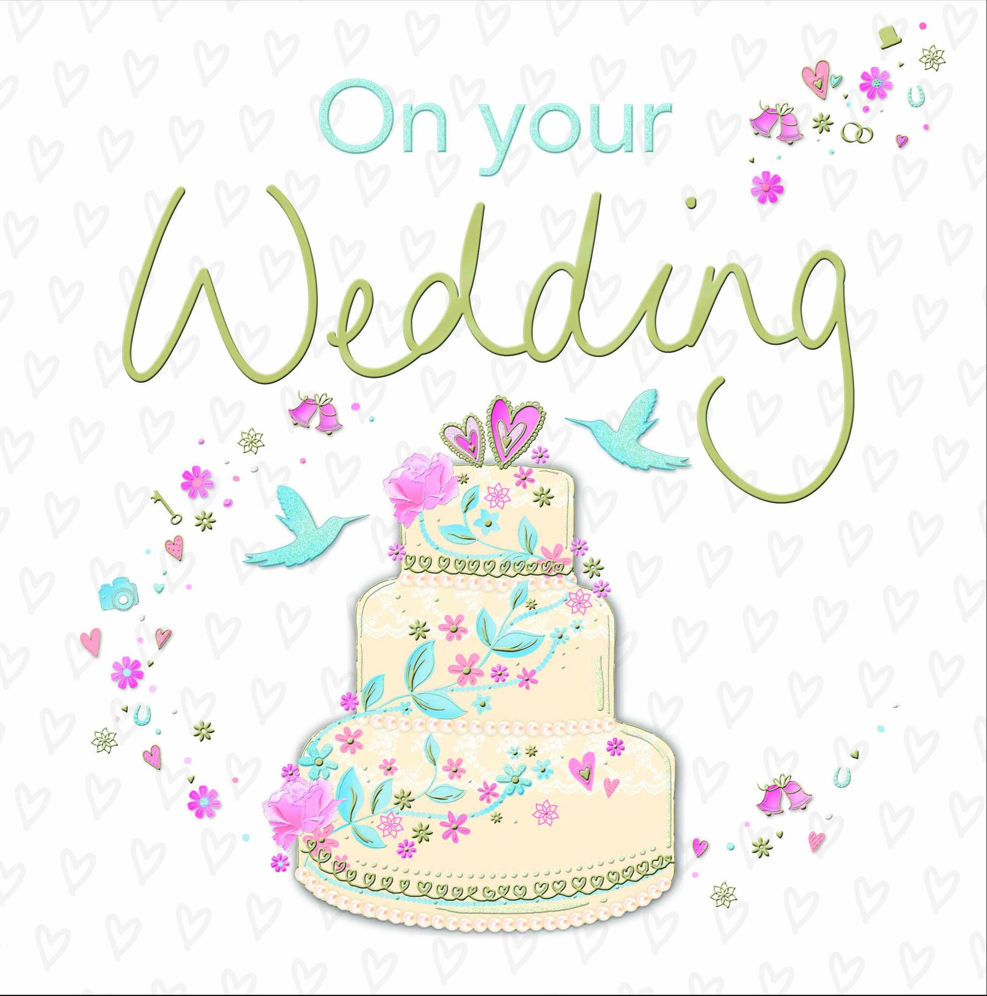 Op deze wenskaart staat een bruidstaart omringt door vogels en bloemen. Bovenaan staan de tekst: "On your wedding".