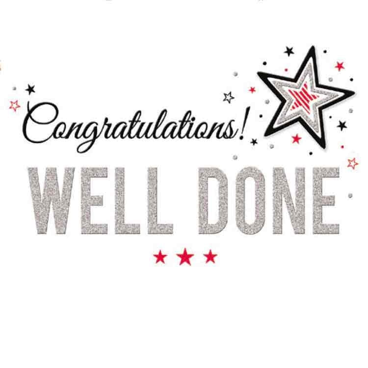 Op deze wenskaart staat de tekst: 'Congratualtions well done" met sterren op de achtergrond.