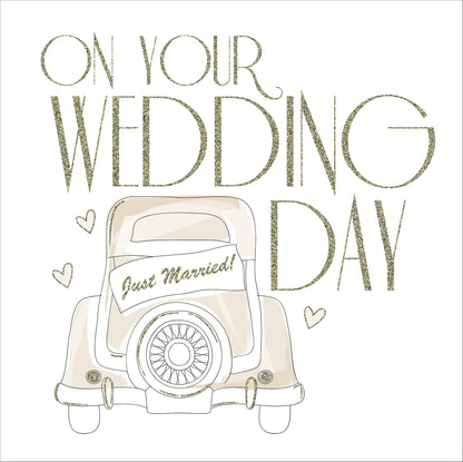 Op deze wenskaart staat een trouwauto met daarboven de tekst: "On your wedding day".
