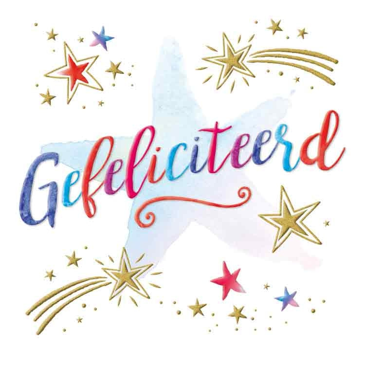 Op deze wenskaart staat de tekst: "Gefeliciteerd".