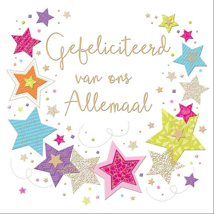 Op deze wenskaart staan sterren in diverse kleuren met in het midden de tekst: "Gefeliciteerd van ons allemaal".