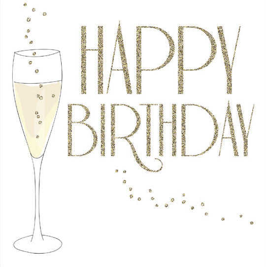 Op deze wenskaart staat een champagneglas met daarnaast de tekst: "Happy birthday".