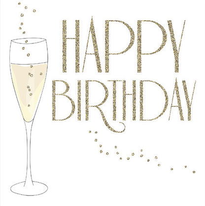Op deze wenskaart staat een champagneglas met daarnaast de tekst: "Happy birthday".