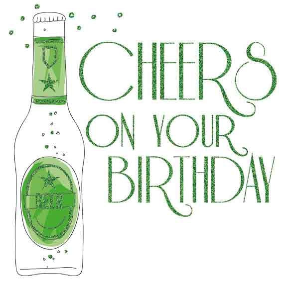 Op deze wenskaart staat een bierflesje met daarnaast de tekst: "Cheers on your birthday".